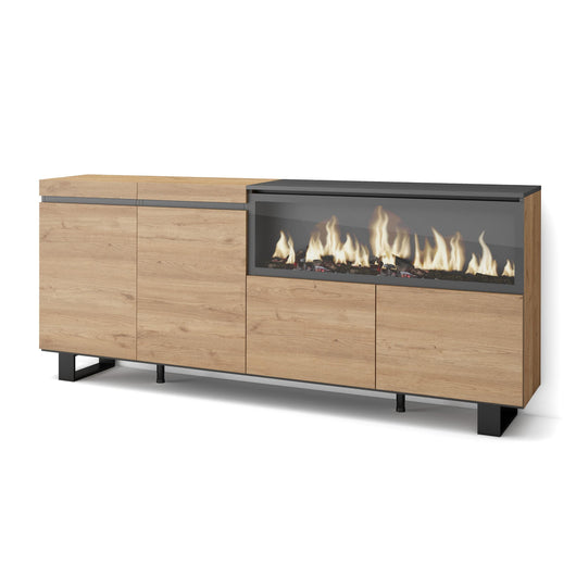Credenza, Mobile, 208x35x87cm, 4 Porte, Camino elettrico XXL, Design industriale, colore Rovere RF3230