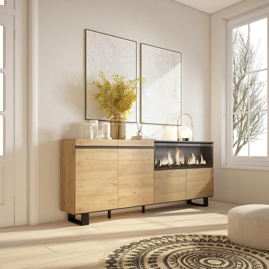Credenza, Mobile, 208x35x87cm, 4 Porte, Camino elettrico XXL, Design industriale, colore Rovere RF3230