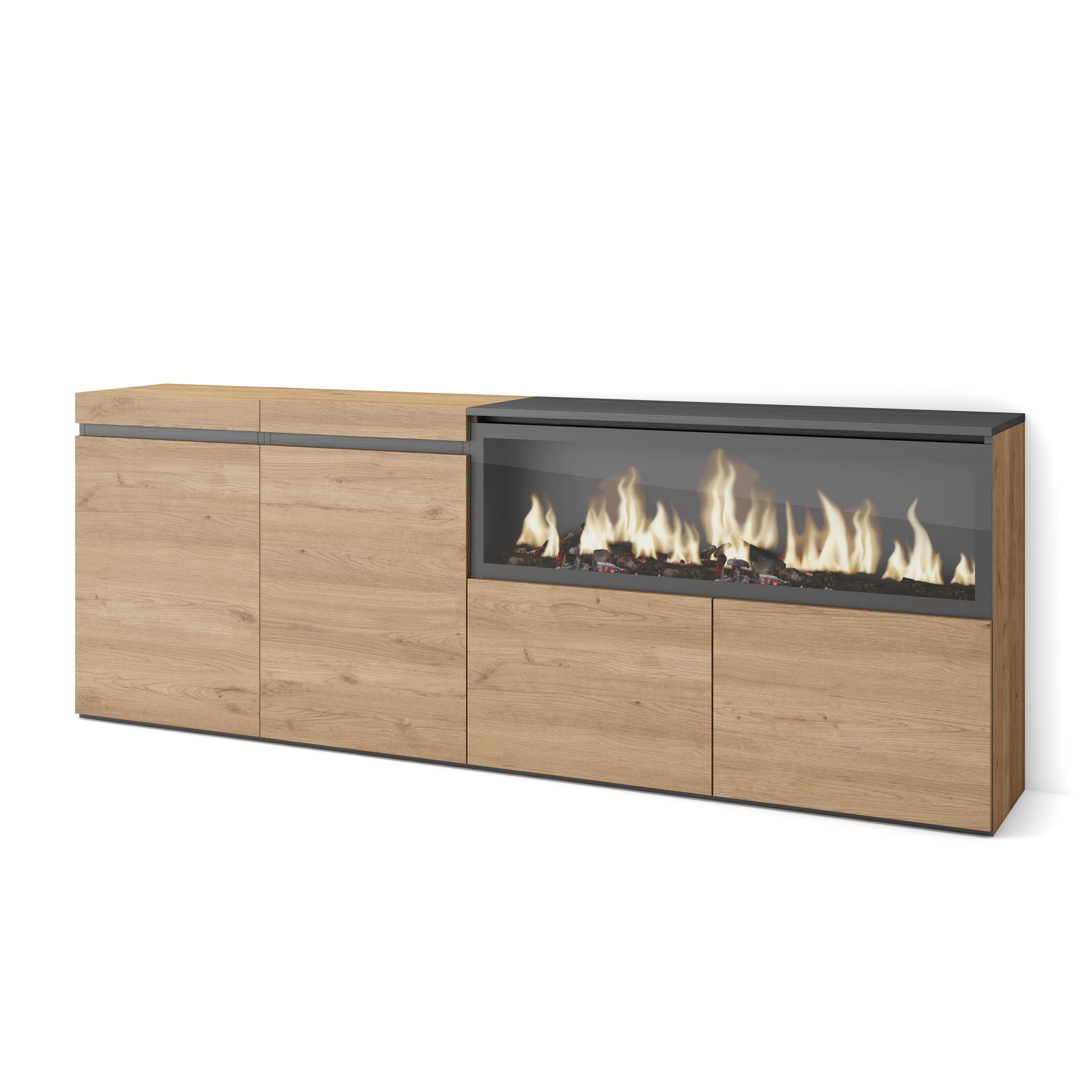 Credenza, Mobile, 208x35x75cm, 4 Porte, Camino elettrico XXL, colore Rovere RF3227
