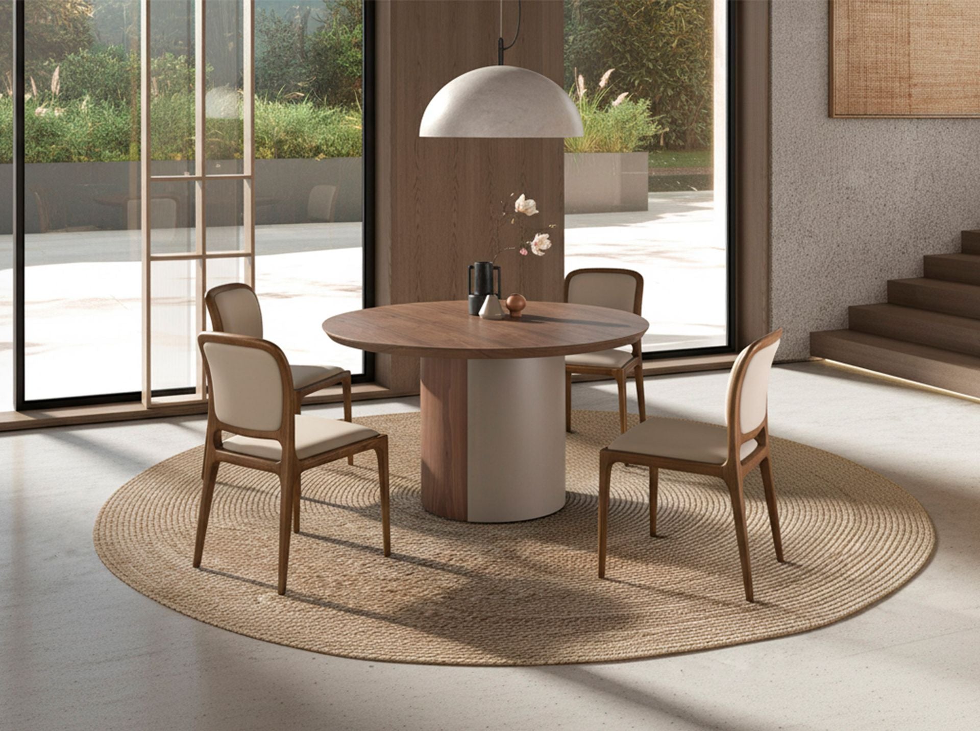 Tavolo da pranzo rotondo in noce e acciaio metallizzato color sabbia