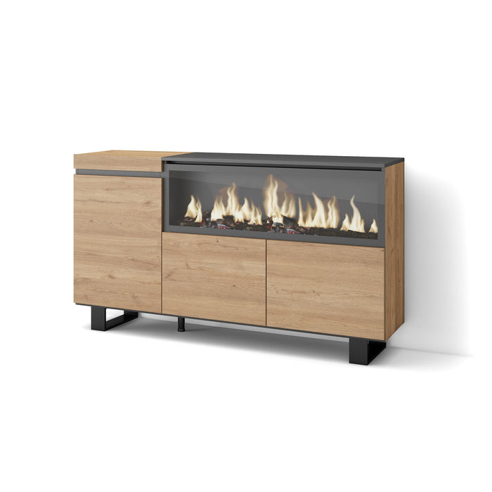 Credenza, Mobile, 158x35x87cm, 3 Porte, Camino elettrico XXL, Design industriale, colore Rovere RF3293