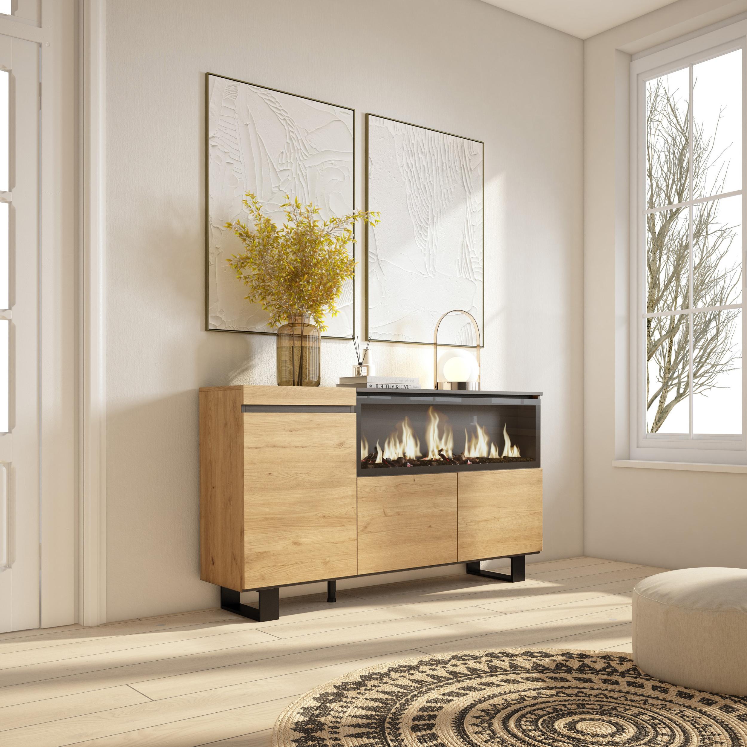 Credenza, Mobile, 158x35x87cm, 3 Porte, Camino elettrico XXL, Design industriale, colore Rovere RF3293