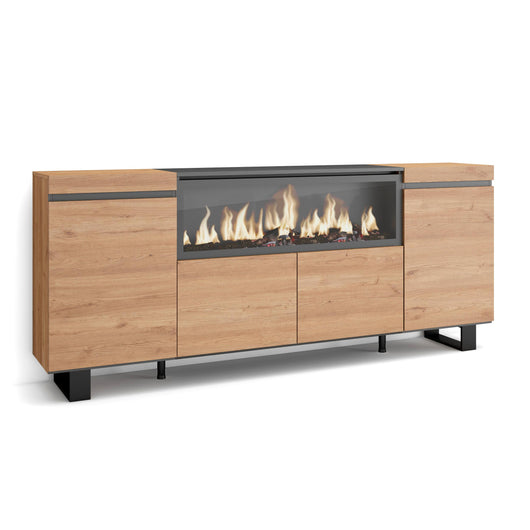 Credenza, Mobile, 208x35x87cm, 4 Porte, Camino elettrico XXL, Design industriale, colore Rovere RF3229