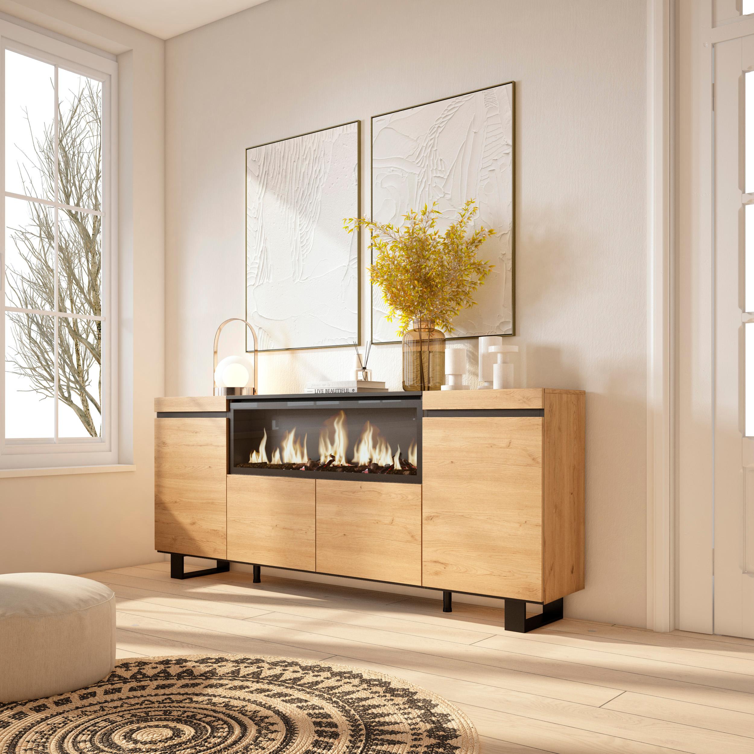 Credenza, Mobile, 208x35x87cm, 4 Porte, Camino elettrico XXL, Design industriale, colore Rovere RF3229