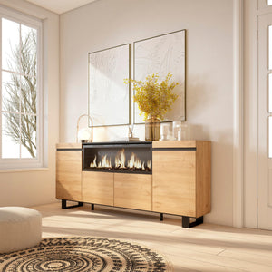 Credenza, Mobile, 208x35x87cm, 4 Porte, Camino elettrico XXL, Design industriale, colore Rovere RF3229