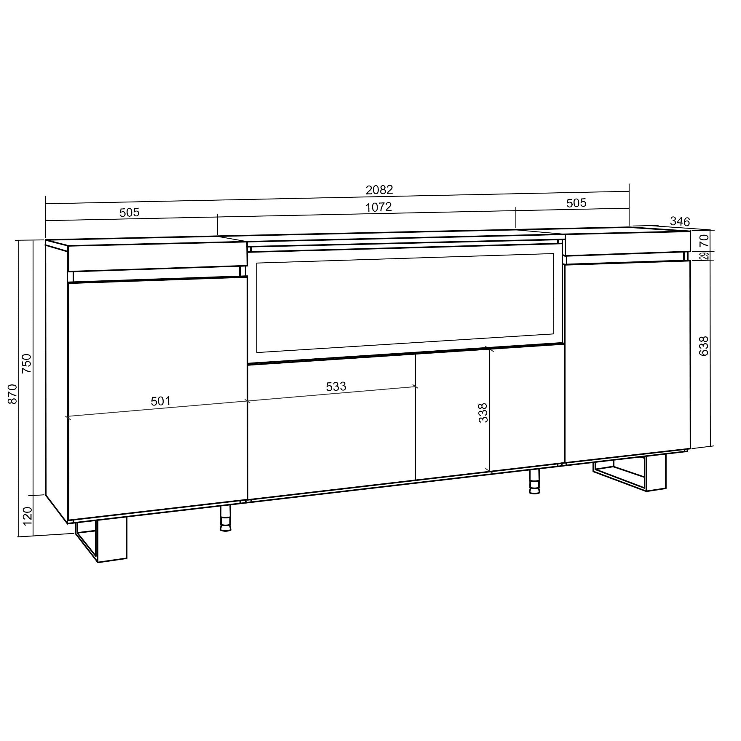 Credenza, Mobile, 208x35x87cm, 4 Porte, Camino elettrico XXL, Design industriale, colore Rovere RF3229