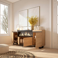 Credenza, Mobile, 208x35x87cm, 4 Porte, Camino elettrico XXL, Design industriale, colore Rovere RF3229