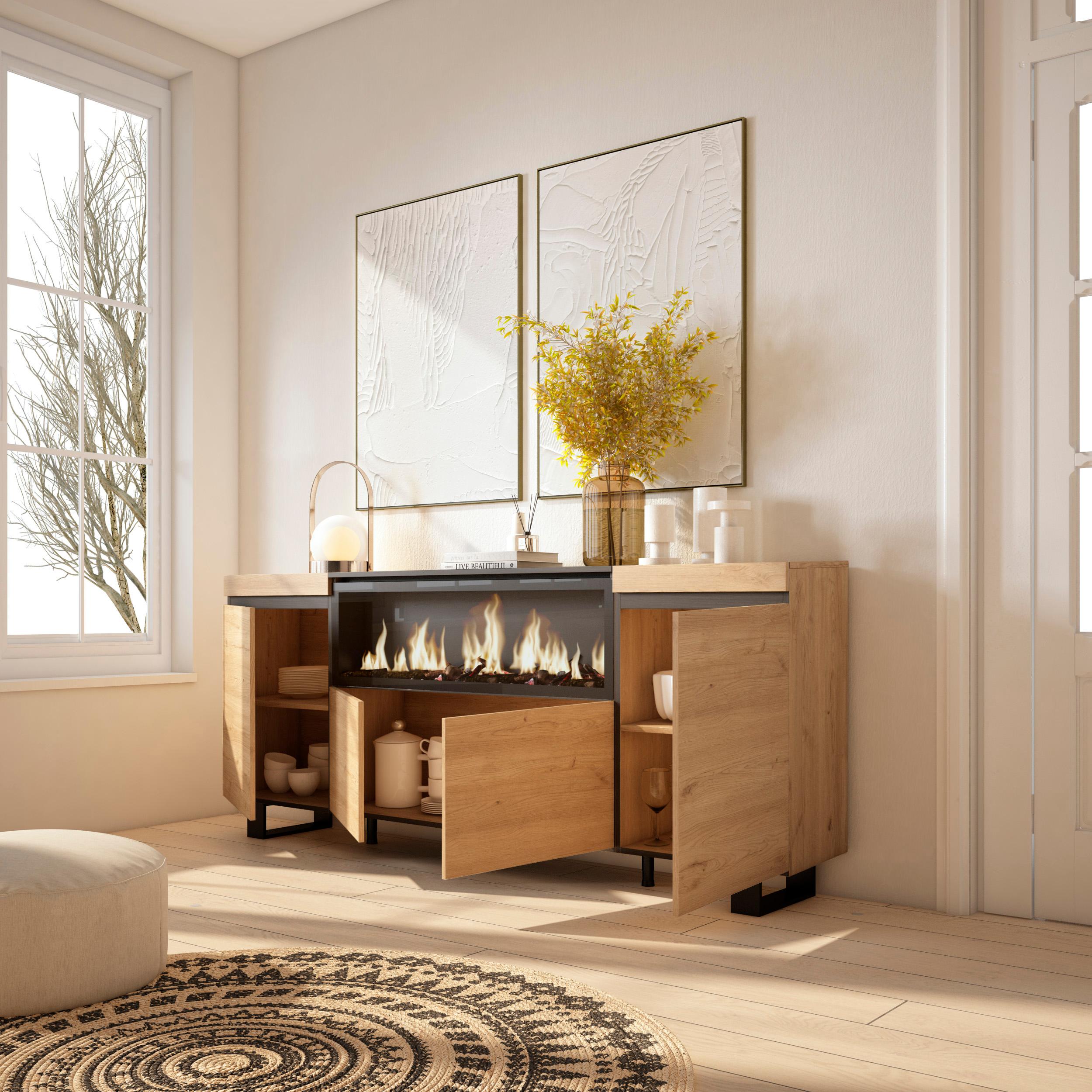 Credenza, Mobile, 208x35x87cm, 4 Porte, Camino elettrico XXL, Design industriale, colore Rovere RF3229