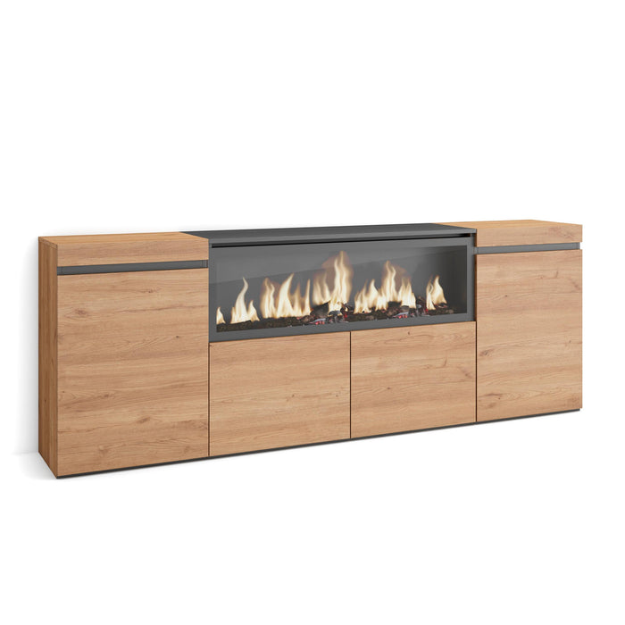 Credenza, Mobile, 208x35x75cm, 4 Porte, Camino elettrico XXL, colore Rovere RF3226