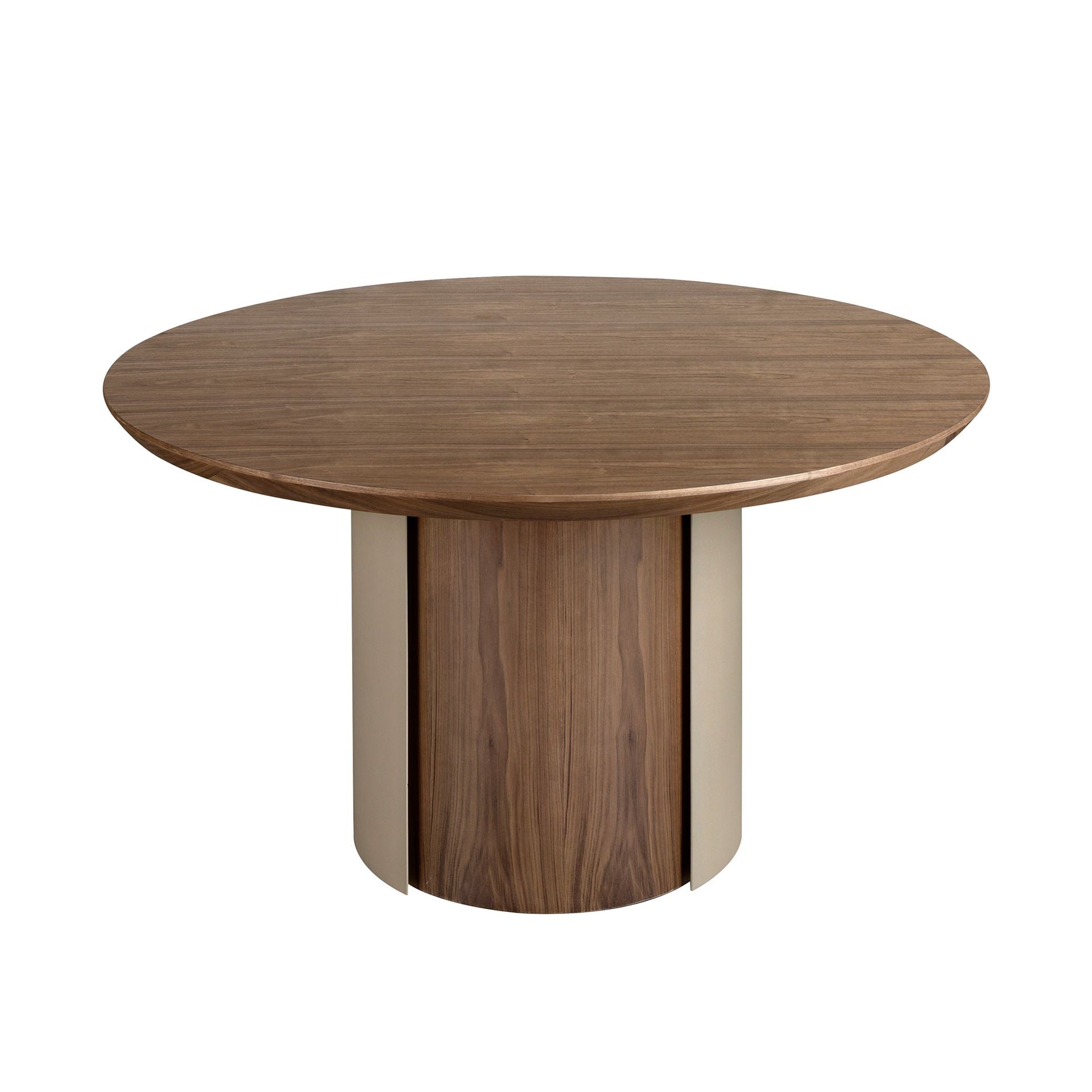 Tavolo da pranzo rotondo in noce e acciaio metallizzato color sabbia