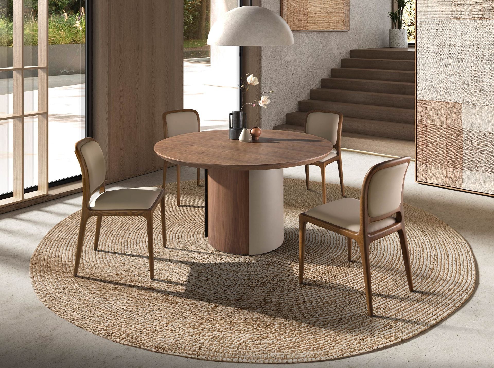 Tavolo da pranzo rotondo in noce e acciaio metallizzato color sabbia