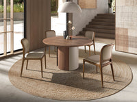 Tavolo da pranzo rotondo in noce e acciaio metallizzato color sabbia