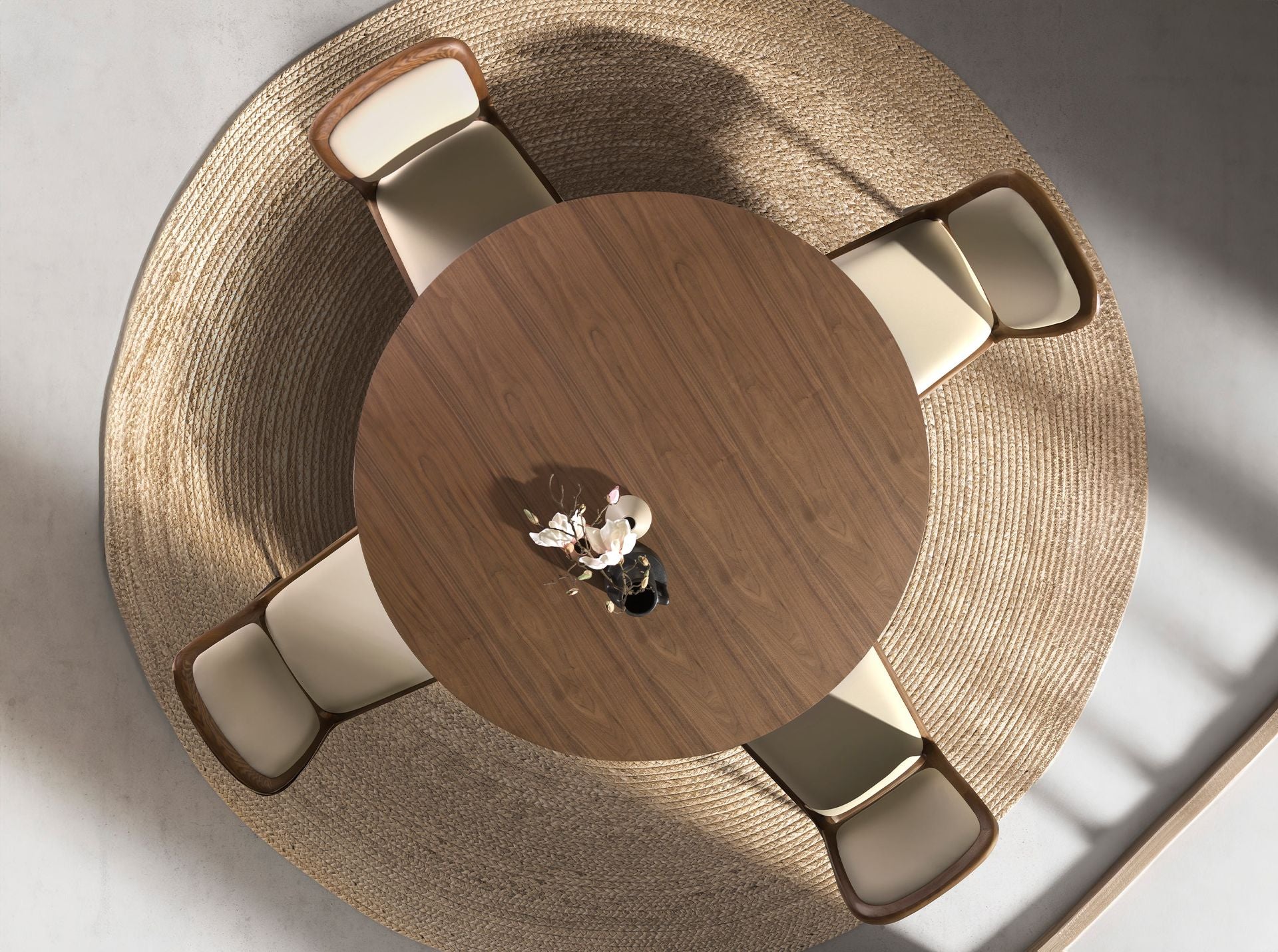 Tavolo da pranzo rotondo in noce e acciaio metallizzato color sabbia