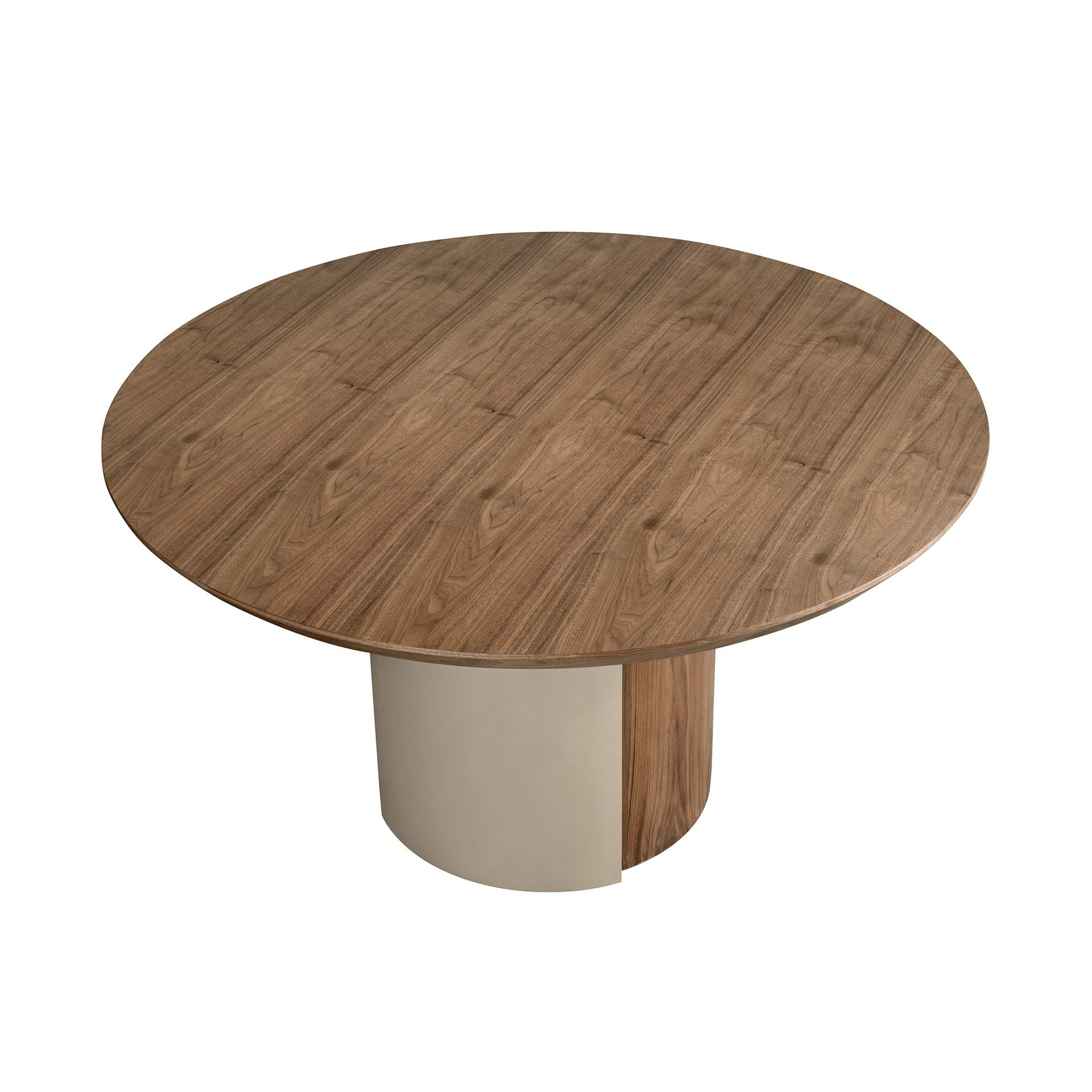 Tavolo da pranzo rotondo in noce e acciaio metallizzato color sabbia