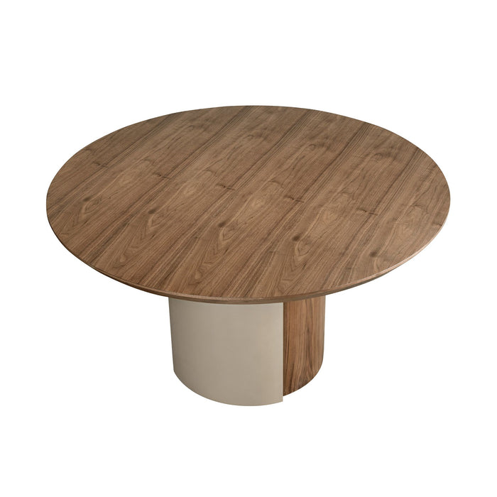 Tavolo da pranzo rotondo in noce e acciaio metallizzato color sabbia