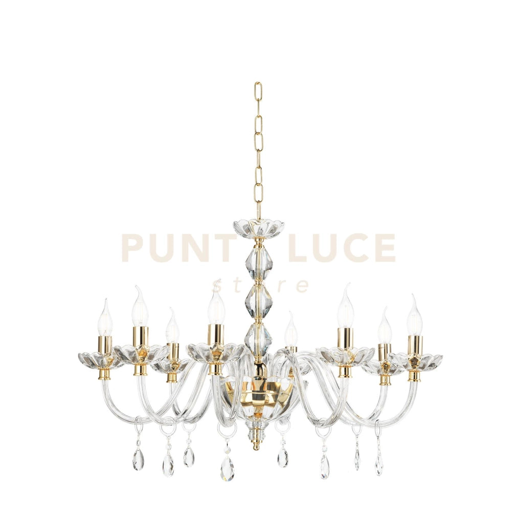 LAMPADARIO BRIGIDA 8 LUCI CRISTALLO E ORO ATTACCO E14 D.85CM