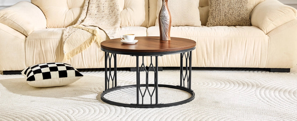 Tavolino basso rotondo con piano effetto legno, base in metallo e anello antiscivolo per soggiorno, noce, 70 × 40,5 cm