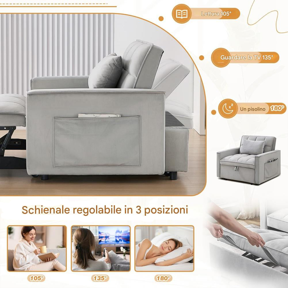 Divano Letto Apribile Reclinabile 3 Posizioni con Rivestimento in Velluto Grigio