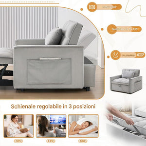 Divano Letto Apribile Reclinabile 3 Posizioni con Rivestimento in Velluto Grigio
