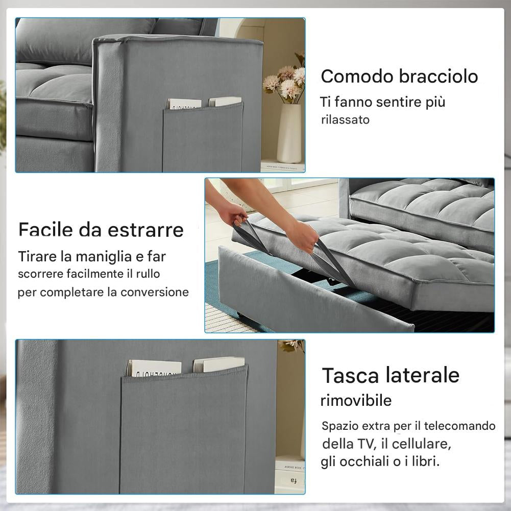 Divano Letto Apribile Reclinabile 3 Posizioni con Rivestimento in Velluto Grigio