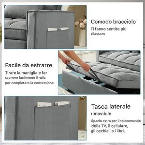 Divano Letto Apribile Reclinabile 3 Posizioni con Rivestimento in Velluto Grigio