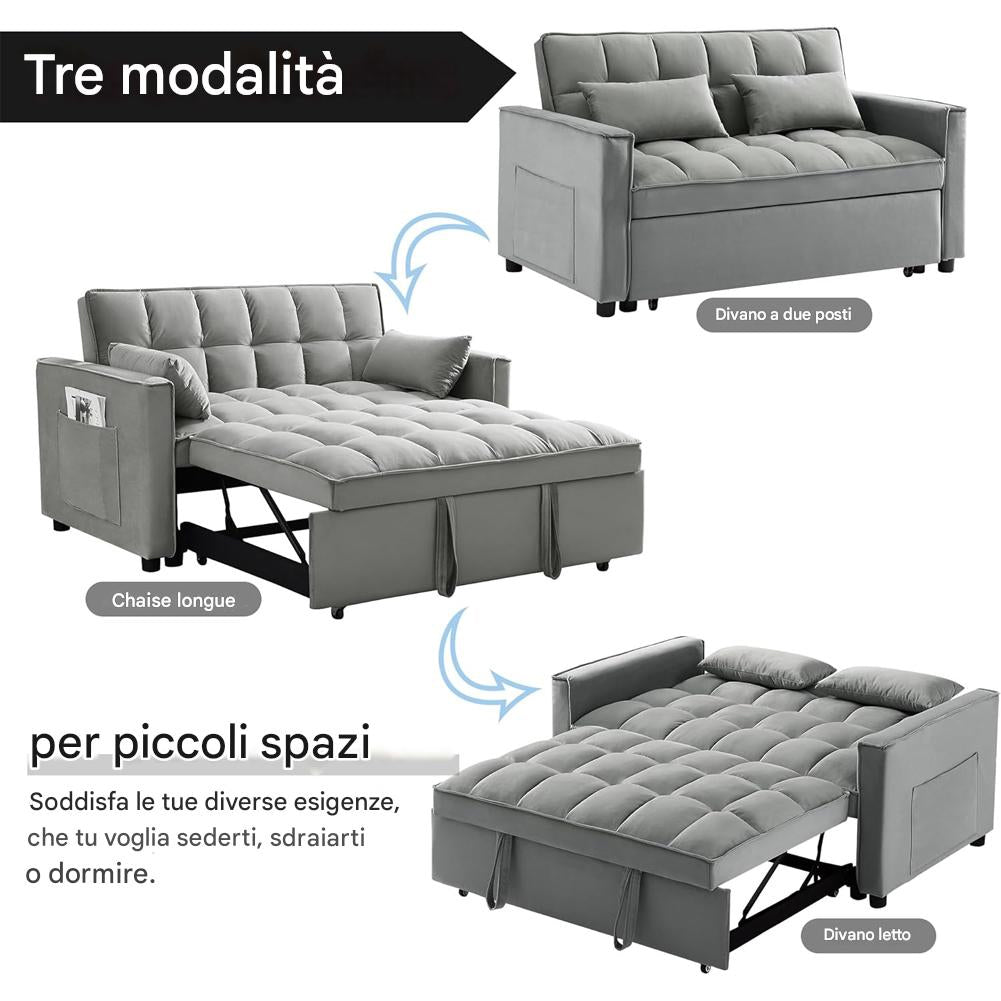 Divano Letto Apribile Reclinabile 3 Posizioni con Rivestimento in Velluto Grigio