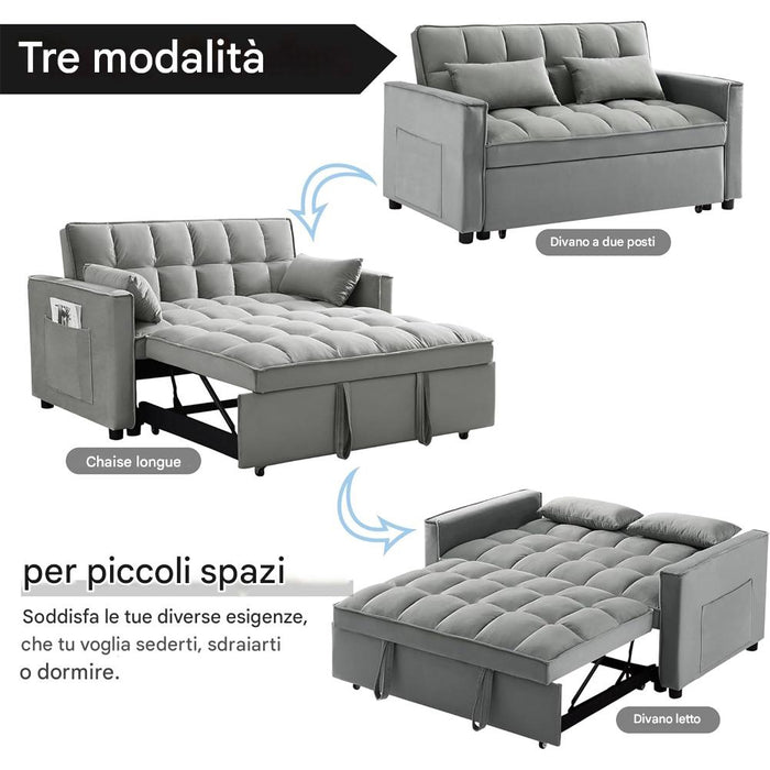Divano Letto Apribile Reclinabile 3 Posizioni con Rivestimento in Velluto Grigio