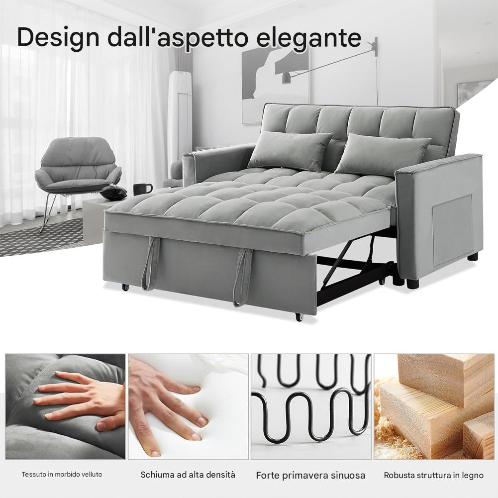 Divano Letto Apribile Reclinabile 3 Posizioni con Rivestimento in Velluto Grigio
