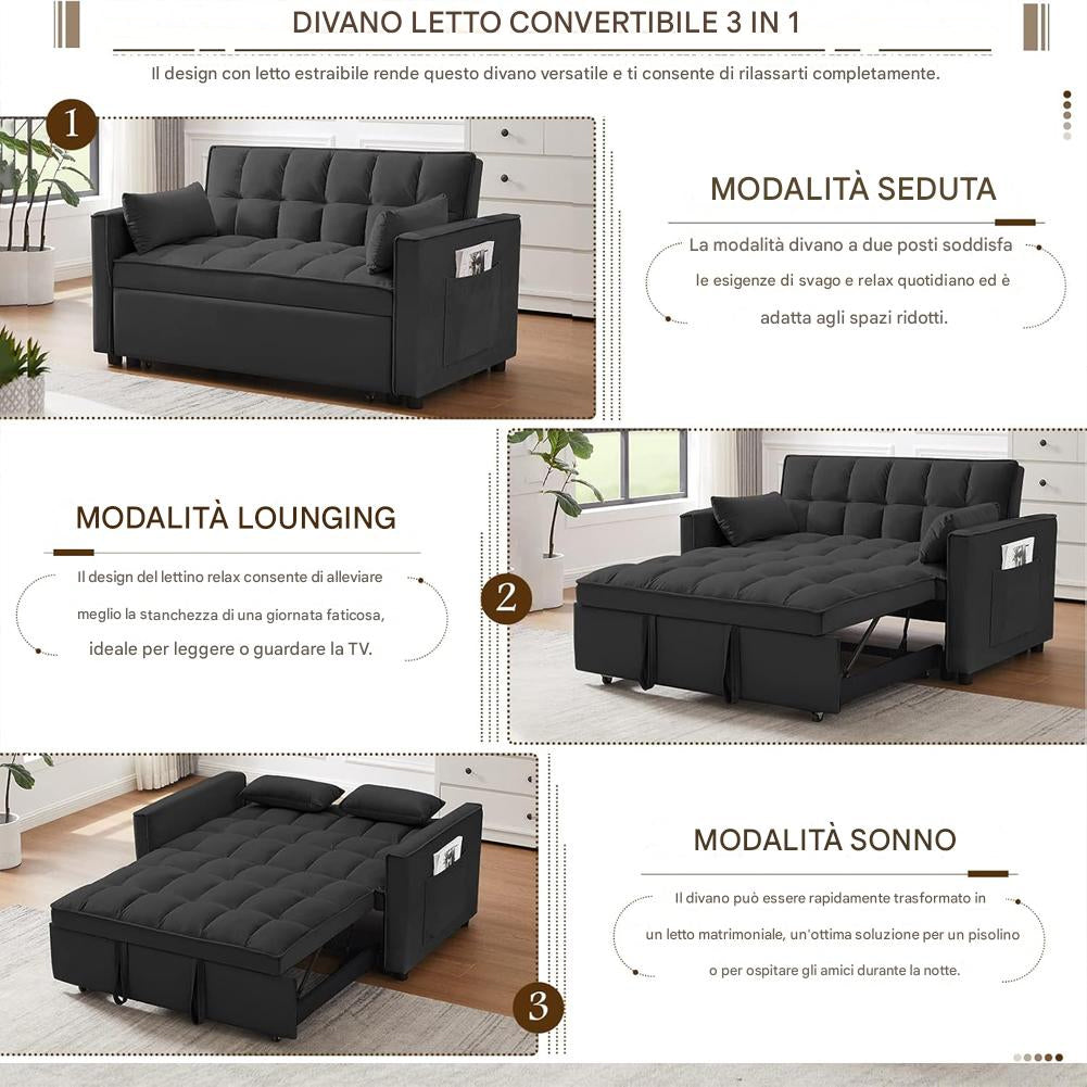 Divano Letto Apribile Reclinabile 3 Posizioni con Rivestimento in Velluto Nero