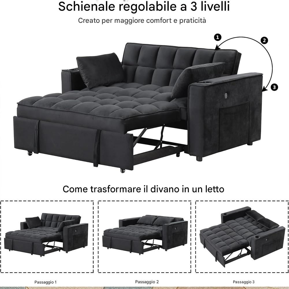 Divano Letto Apribile Reclinabile 3 Posizioni con Rivestimento in Velluto Nero