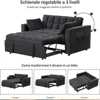 Divano Letto Apribile Reclinabile 3 Posizioni con Rivestimento in Velluto Nero