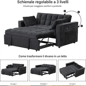 Divano Letto Apribile Reclinabile 3 Posizioni con Rivestimento in Velluto Nero