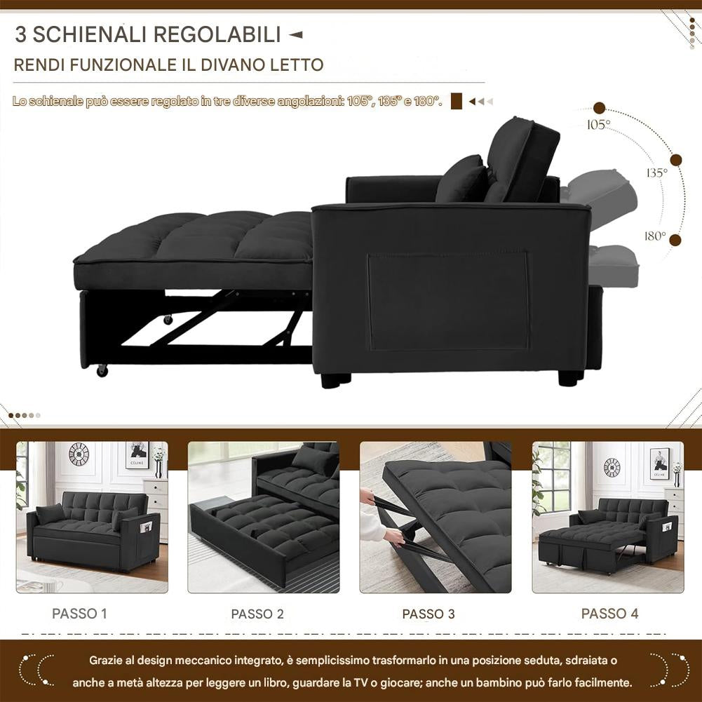Divano Letto Apribile Reclinabile 3 Posizioni con Rivestimento in Velluto Nero