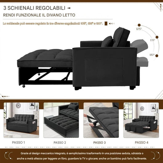 Divano Letto Apribile Reclinabile 3 Posizioni con Rivestimento in Velluto Nero