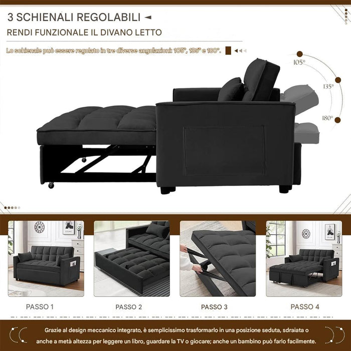 Divano Letto Apribile Reclinabile 3 Posizioni con Rivestimento in Velluto Nero