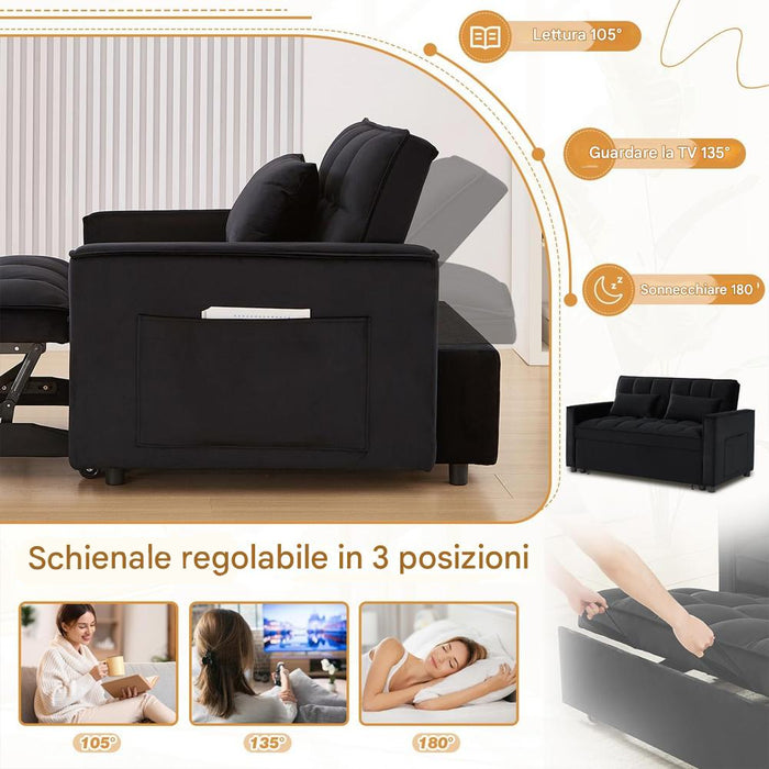 Divano Letto Apribile Reclinabile 3 Posizioni con Rivestimento in Velluto Nero