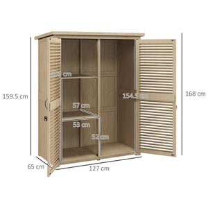 ARMADIO DA ESTERNO PORTAOGGETTI A 2 RIPIANI CON PICCHETTI, IN LEGNO DI ABETE, 127X65X159.5/168 CM