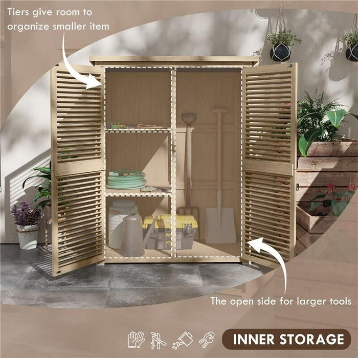 ARMADIO DA ESTERNO PORTAOGGETTI A 2 RIPIANI CON PICCHETTI, IN LEGNO DI ABETE, 127X65X159.5/168 CM