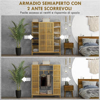 ARMADIO APERTO IN BAMBOO CON 2 ANTE SCORREVOLI, RIPIANI APERTI E BARRA APPENDIABITI, 145X35X165CM