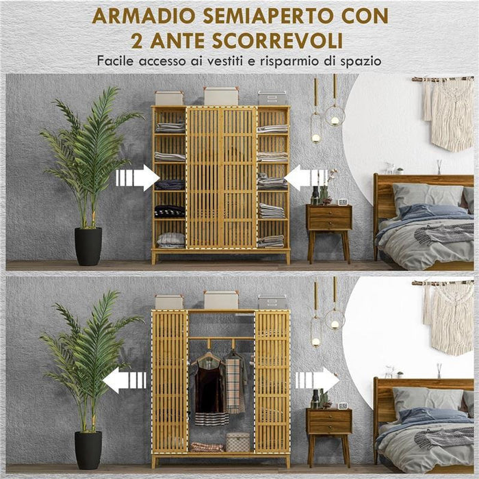ARMADIO APERTO IN BAMBOO CON 2 ANTE SCORREVOLI, RIPIANI APERTI E BARRA APPENDIABITI, 145X35X165CM