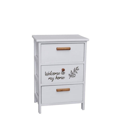 MA MAISON MOBILE DA ARREDO IN LEGNO BIANCO CON 3 CASSETTI E SCRITTA WELCOME DIMENSIONI 40 X 29 X 58H CM