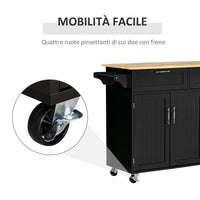 CARRELLO DA CUCINA IN LEGNO CON 2 CASSETTI, ARMADIETTO 3 ANTE E 4 RUOTE, 121X46X91CM, NERO