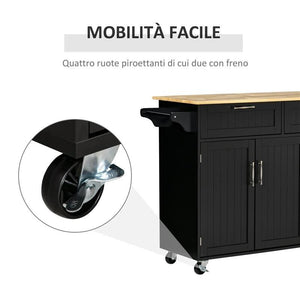 CARRELLO DA CUCINA IN LEGNO CON 2 CASSETTI, ARMADIETTO 3 ANTE E 4 RUOTE, 121X46X91CM, NERO