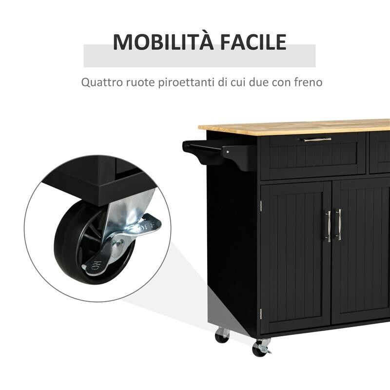 CARRELLO DA CUCINA IN LEGNO CON 2 CASSETTI, ARMADIETTO 3 ANTE E 4 RUOTE, 121X46X91CM, NERO