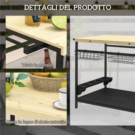 CARRELLO DA GIARDINO A 2 RIPIANI, 2 CESTI E 4 SPAZI PORTABOTTIGLIE, IN LEGNO DI ABETE, 97.5X65X81 CM