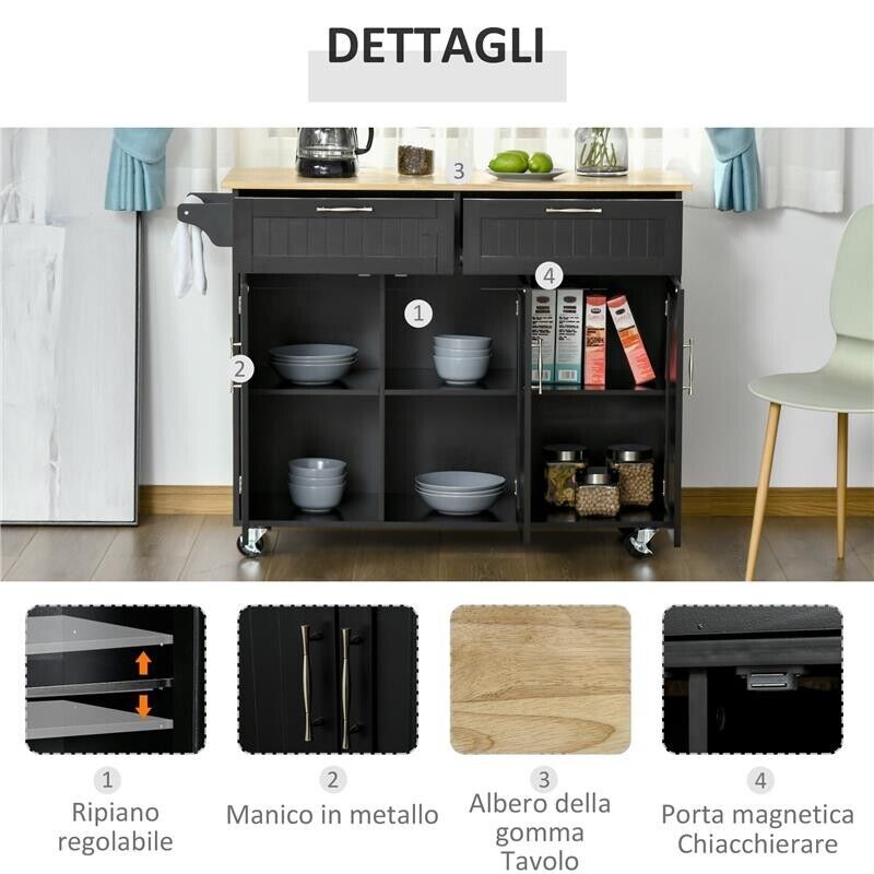 CARRELLO DA CUCINA IN LEGNO CON 2 CASSETTI, ARMADIETTO 3 ANTE E 4 RUOTE, 121X46X91CM, NERO