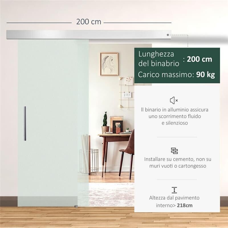 PORTA SCORREVOLE INTERNA IN VETRO SMERIGLIATO CON BINARIO B1 E MANIGLIA PER BAGNO CUCINA STUDIO VETRO 205X 77,5X 0,8CM