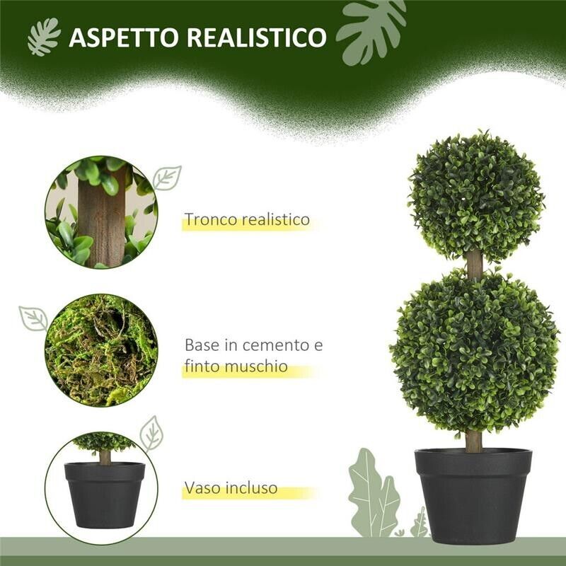 SET DA 2 PIANTE DI BOSSO A 2 SFERE REALISTICHE CON VASO INCLUSO 60 CM