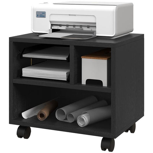 MOBILE PORTA STAMPANTE A 2 LIVELLI CON 3 SCOMPARTI E RUOTE PER UFFICIO E STUDIO, 40X30X36CM, NERO