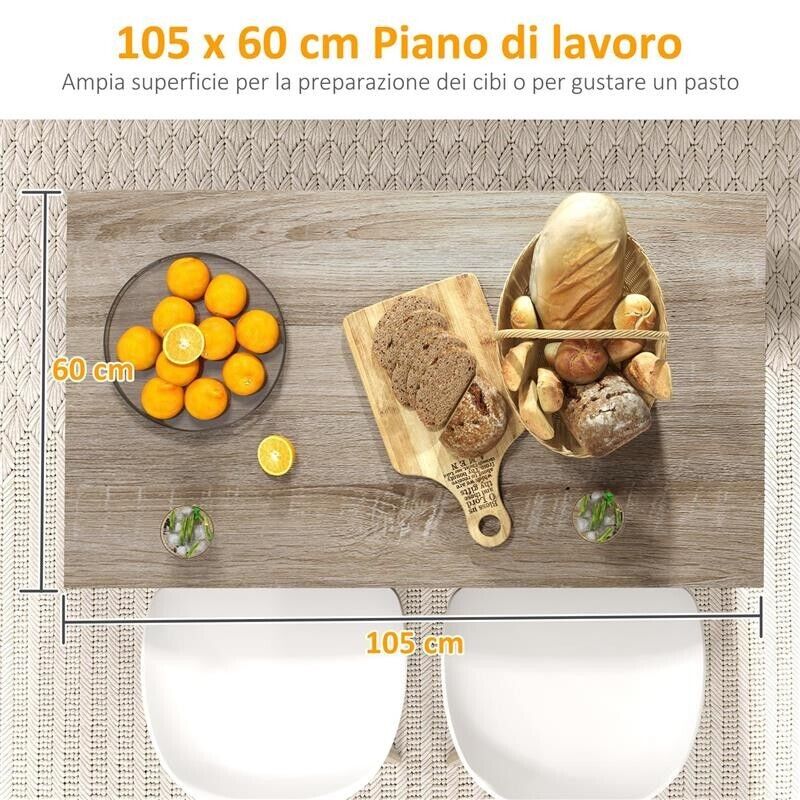 ISOLA PER CUCINA CON 2 RIPIANI APERTI E 2 ARMADIETTI, IN MDF, 105X60X82 CM, COLOR ROVERE E NERO